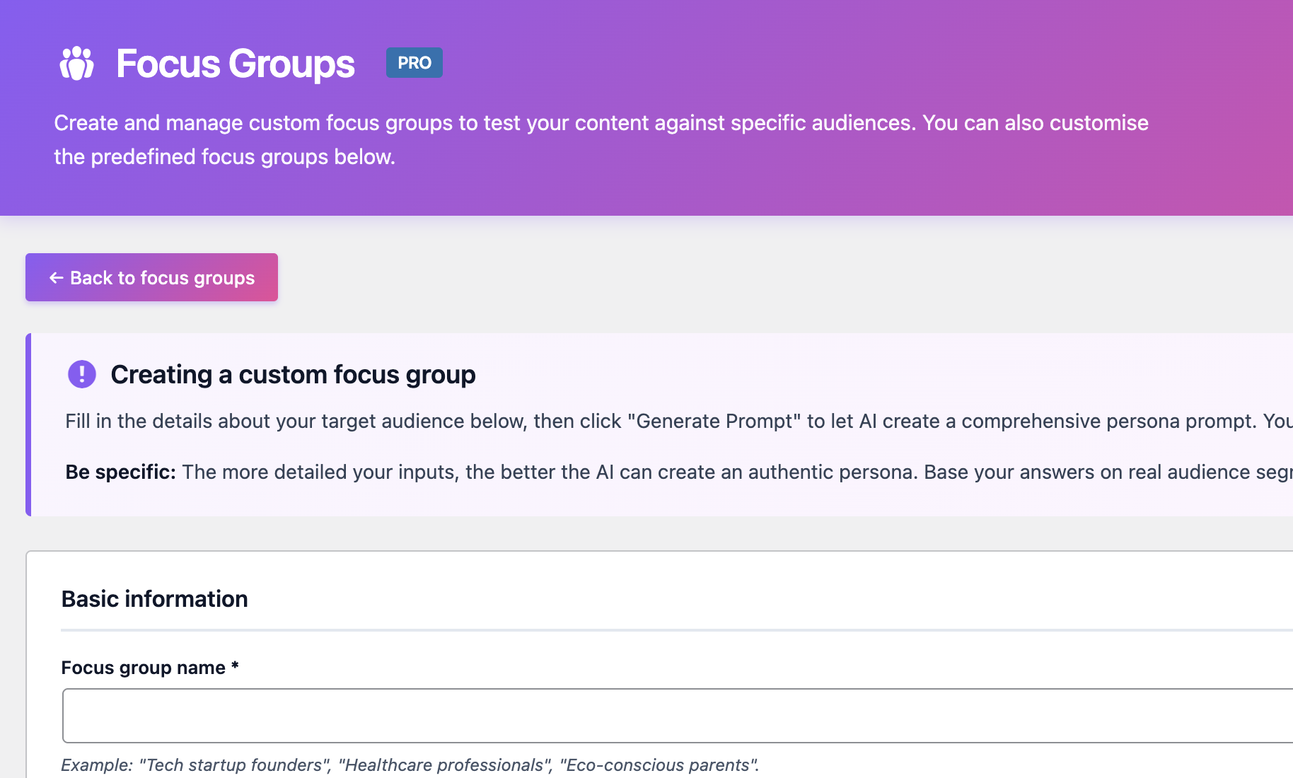 Custom Focus Groups Interface Screenshot